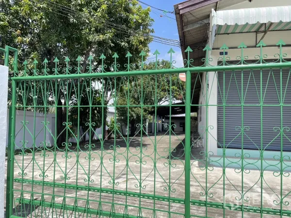 โรงงาน ให้เช่าหรือขายในPathum Thani - ประตูเหล็กสีเขียวเปิดสู่ลานคอนกรีต เห็นอาคารโรงงานสีขาวและประตูม้วนใต้ร่มไม้