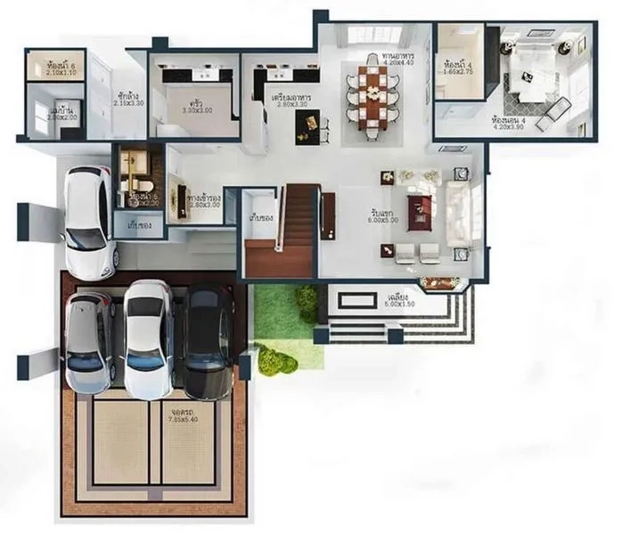 Detached House for rent or sale in Bang Phli, Samut Prakan - Ground-floor plan with living and dining areas, dual kitchens and multi-car parking.