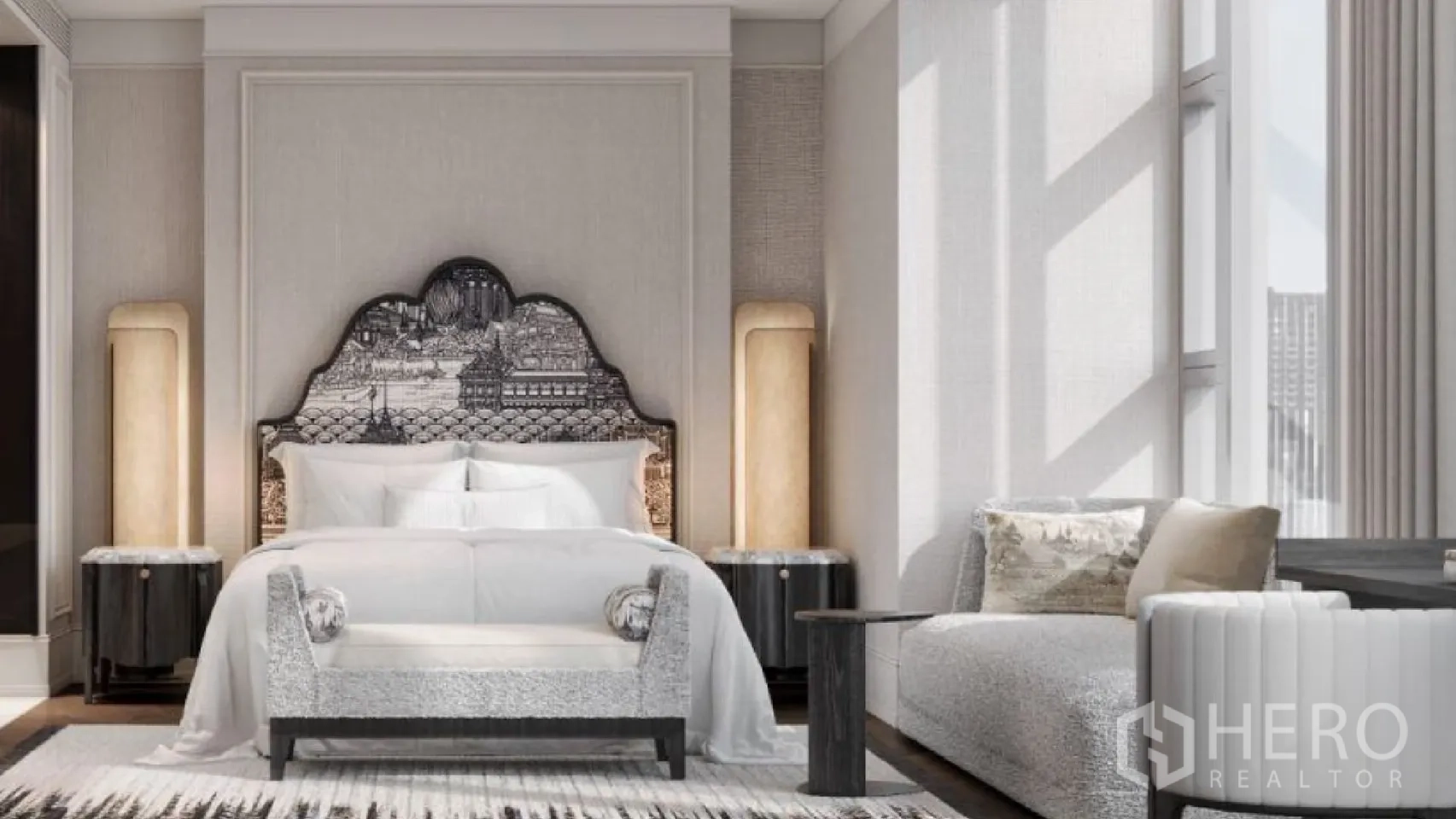 คอนโด ให้เช่า - ห้องนอนหลักสว่าง หัวเตียงดีไซน์ โซฟารับแสงข้างหน้าต่าง