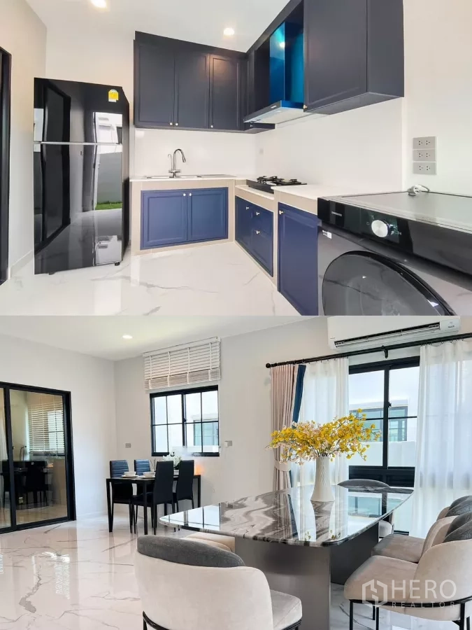 บ้าน ให้เช่าในKhan Na Yao, Bangkok - ห้องครัวสว่าง ตู้สีน้ำเงิน เตาแก๊ส เครื่องใช้ไฟฟ้า คู่กับมุมทานอาหารสไตล์หรู