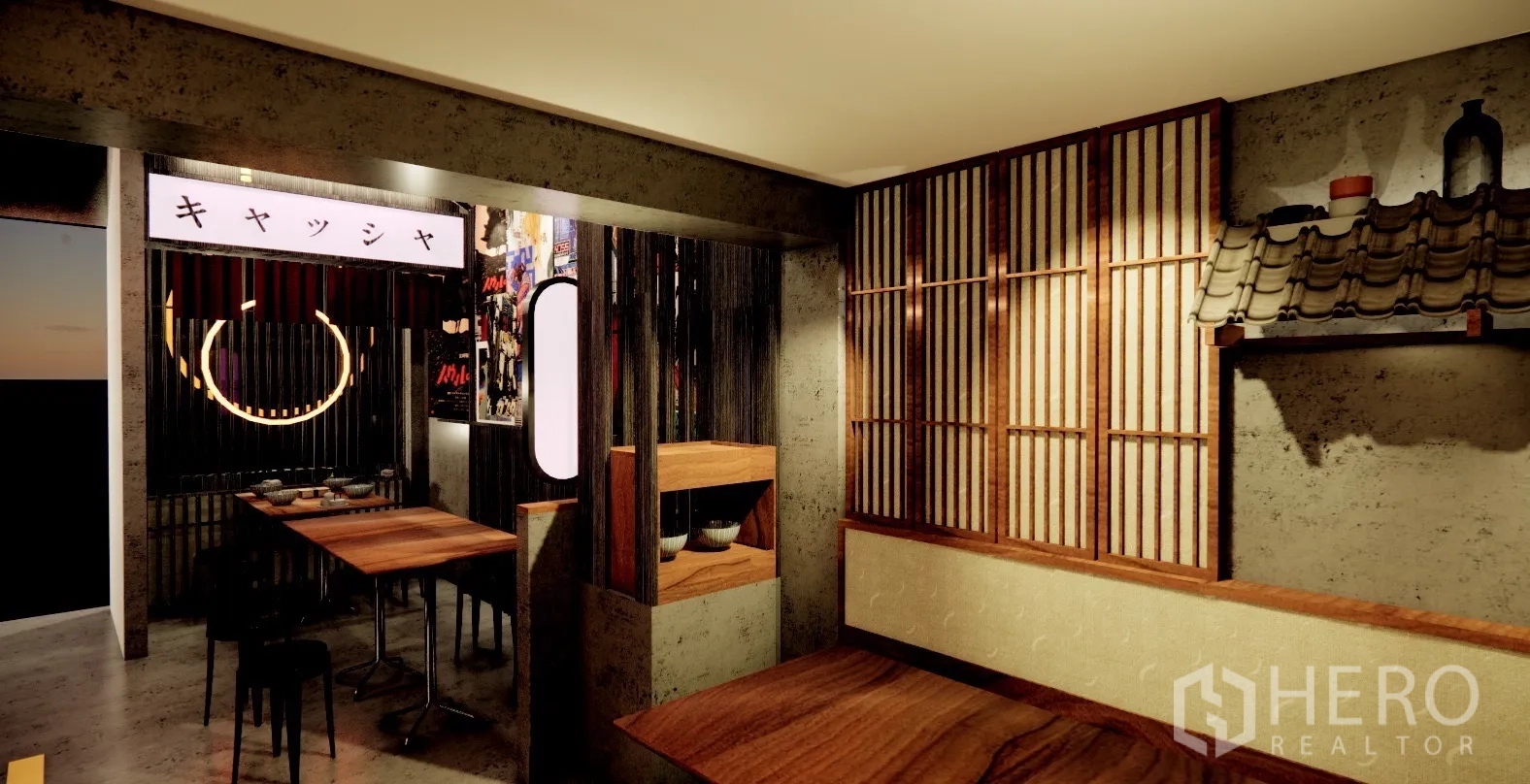 店屋 出租在Watthana, Bangkok - 角落空间，和风格栅、木桌与霓虹圆形灯。