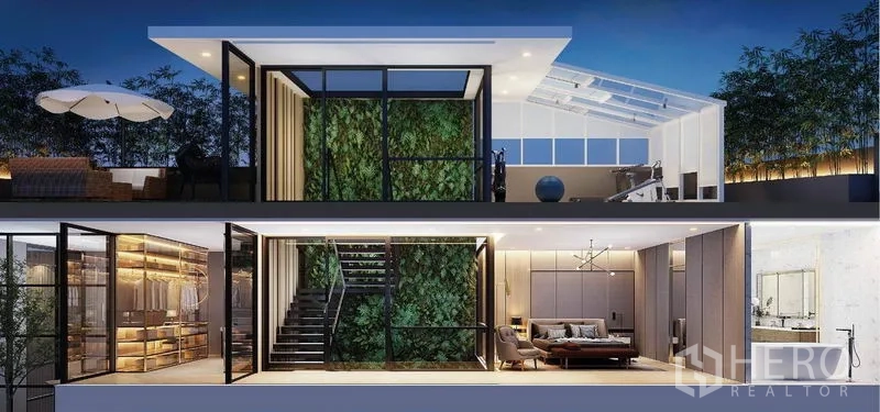 独立式住宅 出售在Lat Phrao, Bangkok - 上层配垂直绿墙、玻璃楼梯，并设屋顶露台健身区。