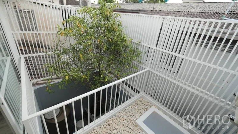 联排别墅 出租在Khlong Toei, Bangkok - 带树的开放式内院，白色格栅与卵石景观