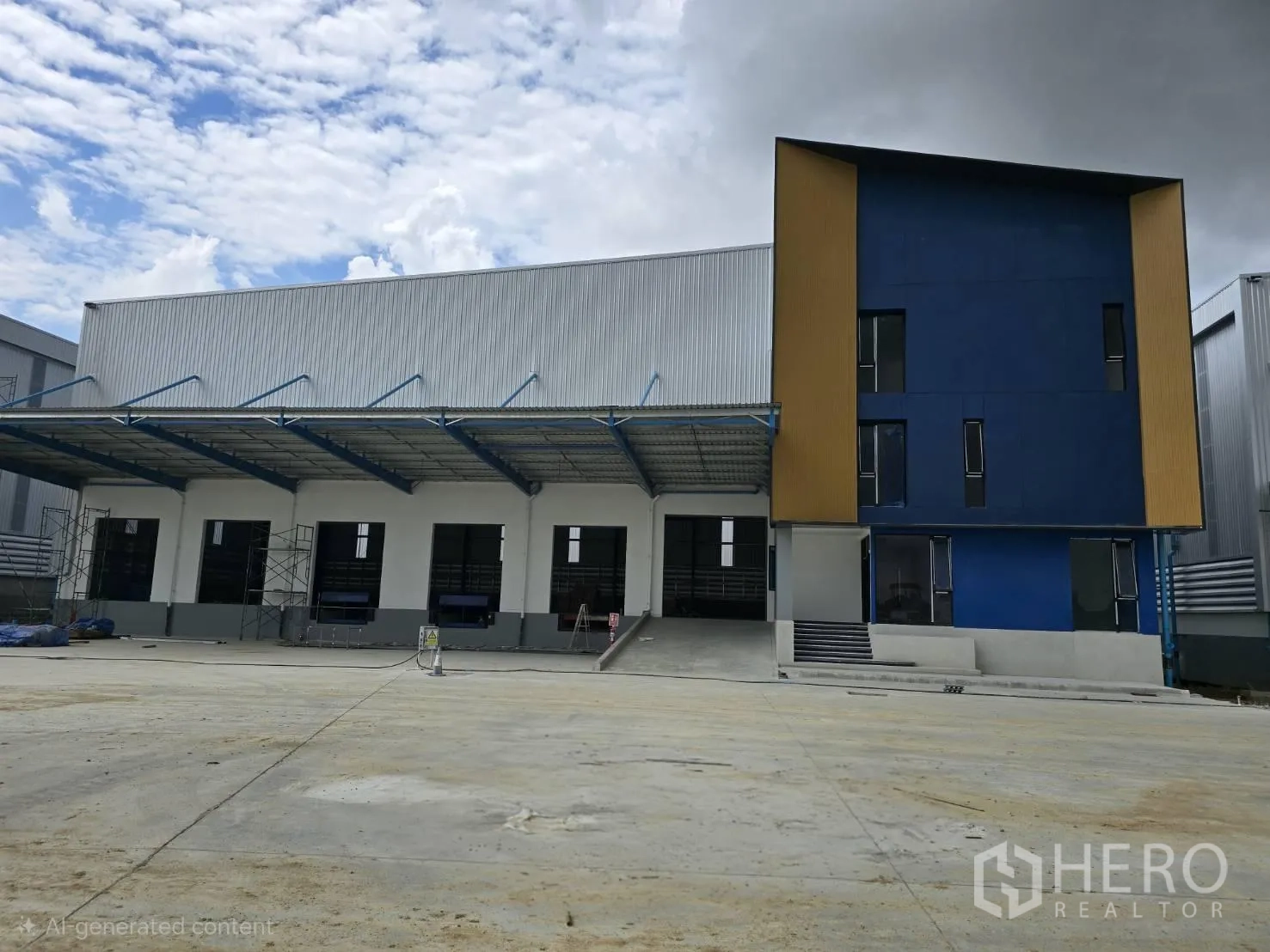 Factory for rent in Si Racha, Chon Buri - Modern factory exterior with covered loading bays, attached office block and a wide concrete yard.