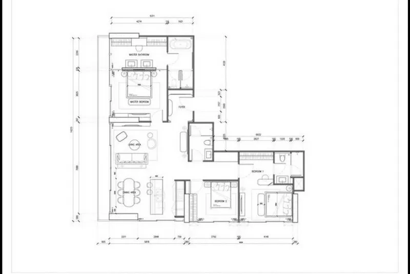 公寓 出租或出售在Watthana, Bangkok - 三居室公寓户型平面图。