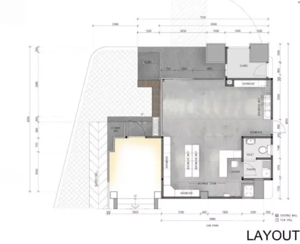 Retail Space for rent in Khlong Toei, Bangkok - Floor plan of the 40 sq.m. retail unit showing sales area, pantry, cashier counter, and restroom.