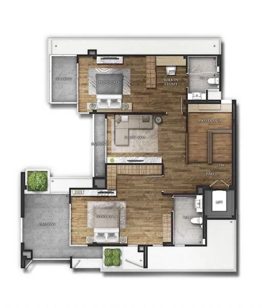 Detached House for rent in Suan Luang, Bangkok - Second-floor plan illustrating bedrooms with balconies and a family area.