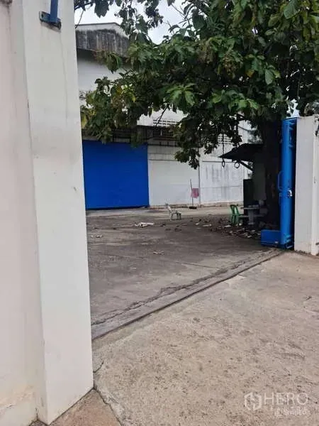 Warehouse for rent in Krathum Baen, Samut Sakhon - Wide concrete yard beside the gate, providing turning space and parking for trucks.