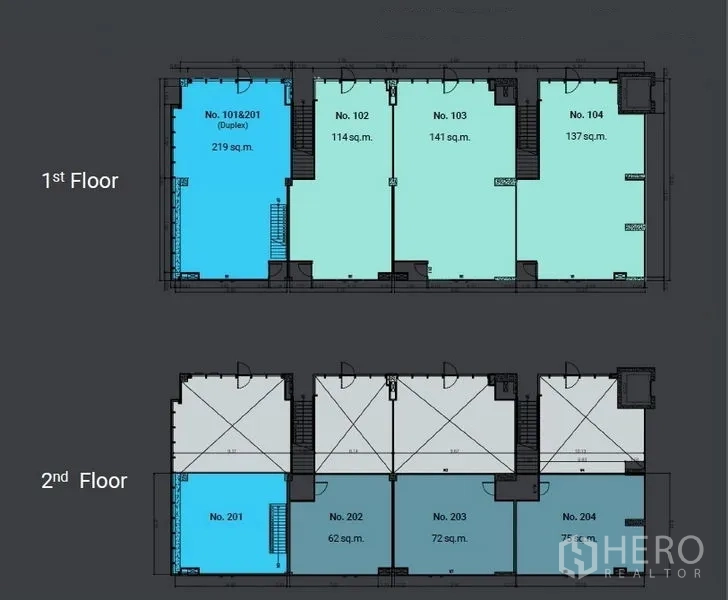 零售空间 出租在Khlong Toei, Bangkok - 两层楼平面图，标注各单元与面积，突出219㎡双层铺位。