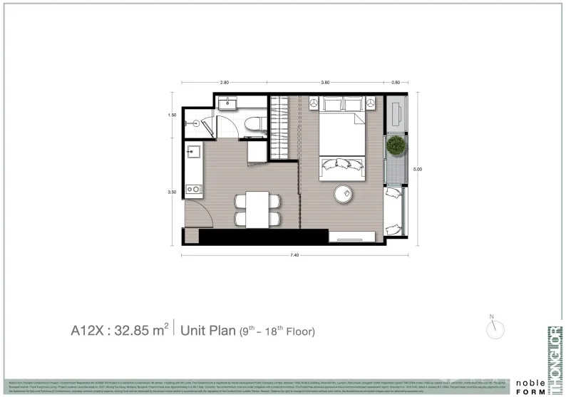 คอนโด ขายในWatthana, Bangkok - ผังห้องคอนโด 1 ห้องนอน ขนาด 32.85 ตร.ม. ครัวเปิด พื้นที่รับประทานอาหาร ห้องน้ำ และระเบียง ใกล้ BTS ทองหล่อ ในเขตวัฒนา กรุงเทพฯ