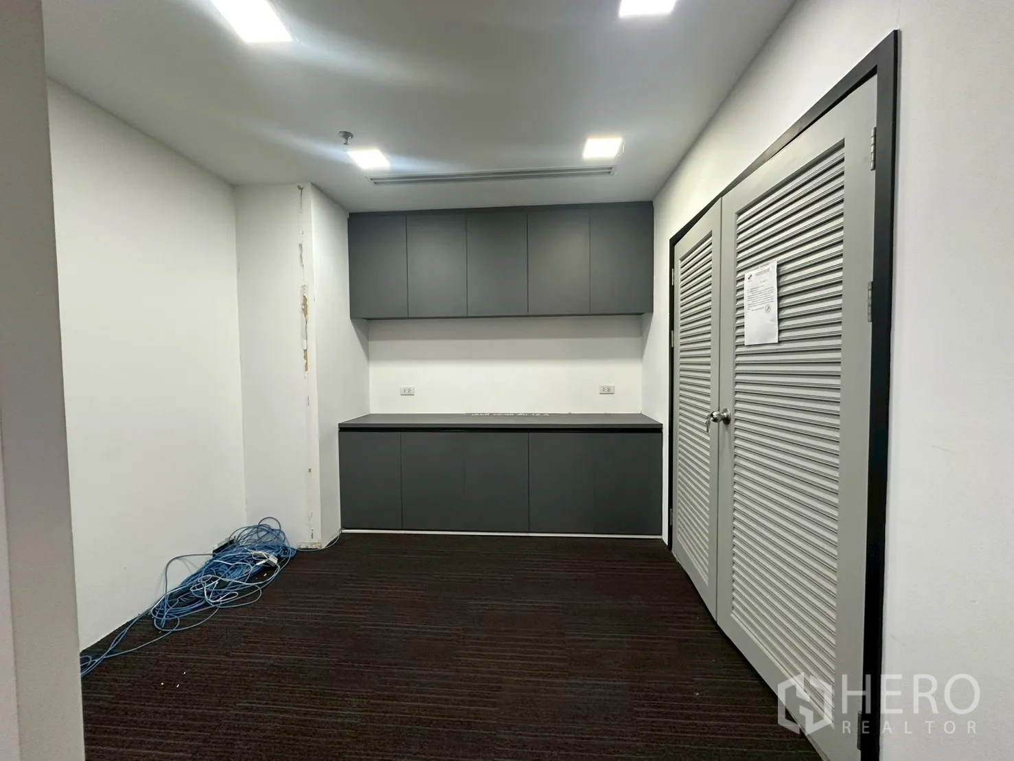 Office Space for rent - Pantry or storage space with matte grey cabinets and louvered double doors.