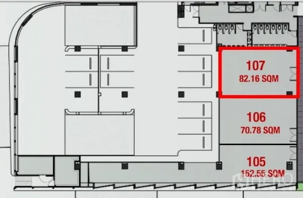 零售空间 出租 - 楼层平面图，红框标示商业建筑内的107号商铺。