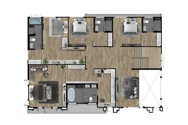 Detached House for sale in Bang Phli, Samut Prakan - Upper-floor plan featuring five bedrooms, family lounge, walk-in closets and large master suite with balcony and bathtub.