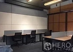 Office Space for rent in Khlong Toei, Bangkok - Row of workstations with ergonomic chairs, carpet tiles, and acoustic wall panels in a compact office.