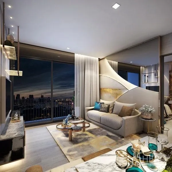 คอนโด ขายในRatchathewi, Bangkok - ห้องนั่งเล่นหน้าต่างบานใหญ่ ผนังดีไซน์ พร้อมวิวสกายไลน์ยามค่ำ