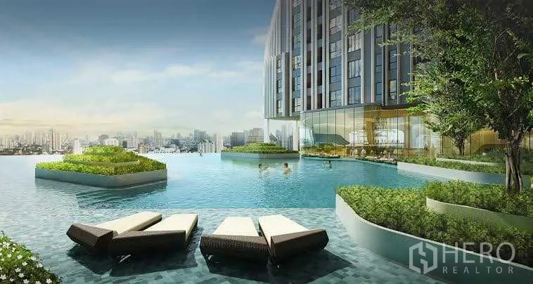 Condominium for sale in Bang Rak, Bangkok - Infinity‑edge rooftop pool with sun loungers and sweeping city skyline views.