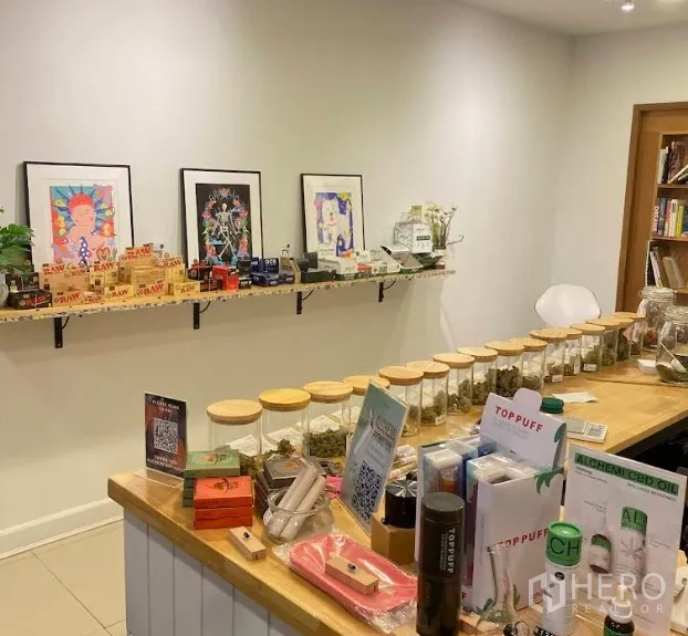 อาคารพาณิชย์ ให้เช่าในWatthana, Bangkok - ขวดสินค้าเรียงบนเคาน์เตอร์ พร้อมภาพงานศิลป์บนผนังสีขาว