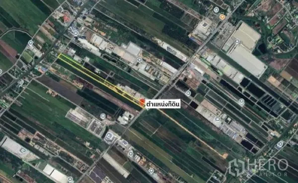 Land for sale in Chachoengsao - Aerial map highlighting a long rectangular land plot in Mueang Chachoengsao with a yellow outline.