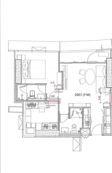 คอนโด ให้เช่าหรือขาย - ผังห้องคอนโด 1 ห้องนอน 2 ห้องน้ำ ขนาดประมาณ 55 ตร.ม.