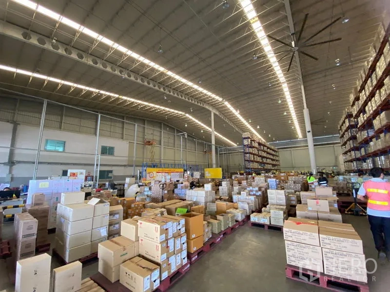 Warehouse for rent in Bang Phli, Samut Prakan - High-bay warehouse interior with palletized boxes, tall racking and bright LED lighting.