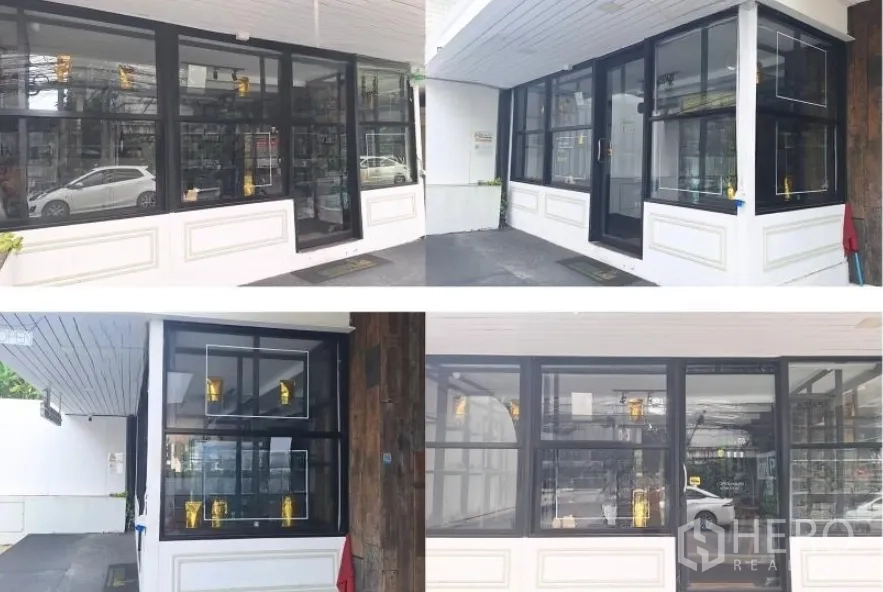 零售空间 出租在Watthana, Bangkok - 店面外立面多角度拼图，整面玻璃橱窗与黑色框架