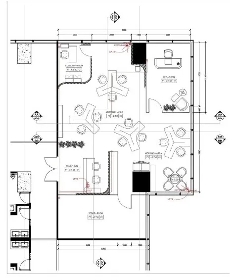 Office Space for rent in Din Daeng, Bangkok - Black-and-white office floor plan showing reception, open work area, meeting room, executive room, and storage.