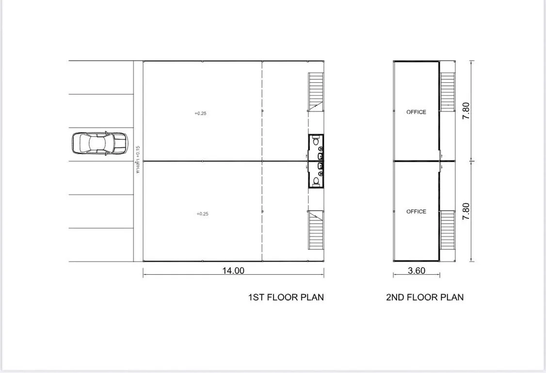 Warehouse for rent in Suan Luang, Bangkok - Two-level warehouse floor plan showing ground-floor storage with restrooms and a second-floor office layout.