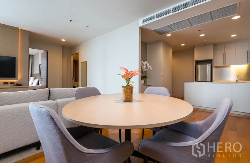 Condominium for rent in Bang Kho Laem, Bangkok - Dining nook with four chairs next to an open kitchen in a high-rise condo.