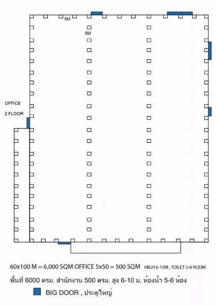 工厂 出租在Sai Noi, Nonthaburi - 工厂平面图，60×100米主厂房，设大门与两层办公室。