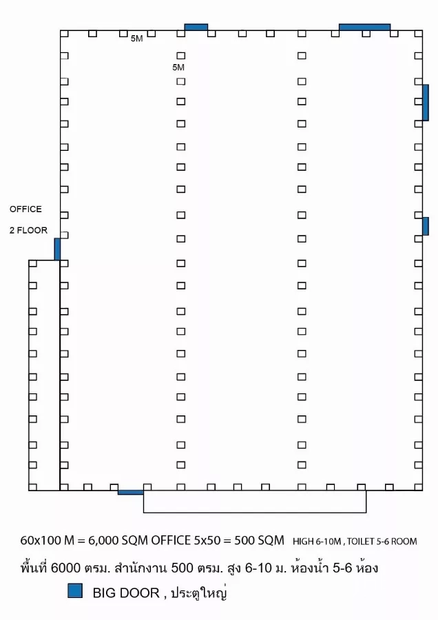 工厂 出租在Sai Noi, Nonthaburi - 工厂平面图，60×100米主厂房，设大门与两层办公室。