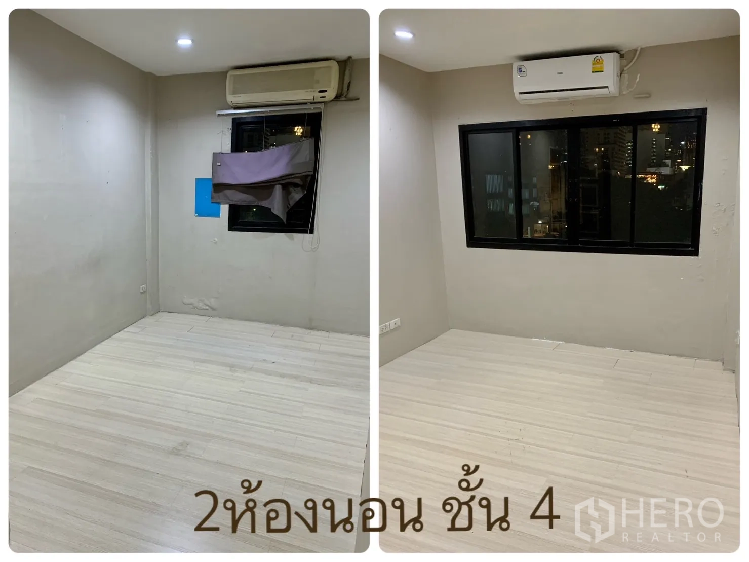 Home Office for rent in Watthana, Bangkok - Two fourth-floor bedrooms with windows and air-conditioning overlooking the city at night.