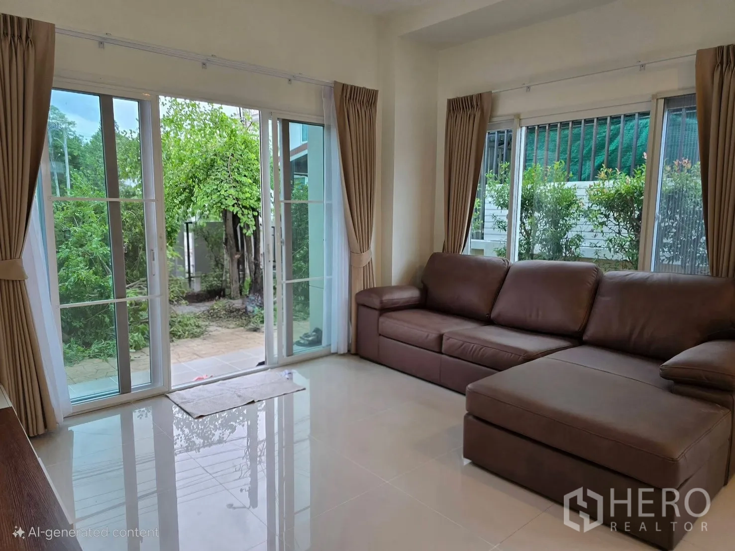 独栋房屋 for rent in Bang Phli, Samut Prakan - 客厅转角，L型沙发与花园景观。