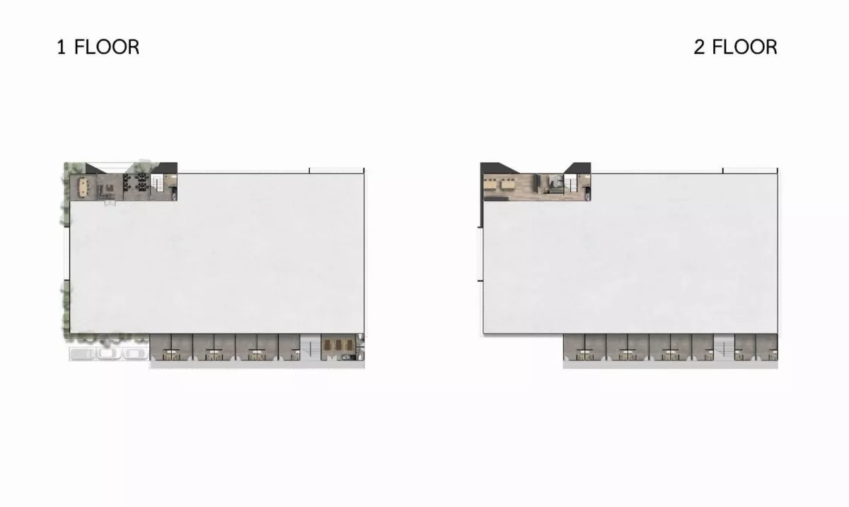 工厂 出租或出售在Phutthamonthon, Nakhon Pathom - 一层与二层平面图，标示办公室、仓库及员工宿舍。