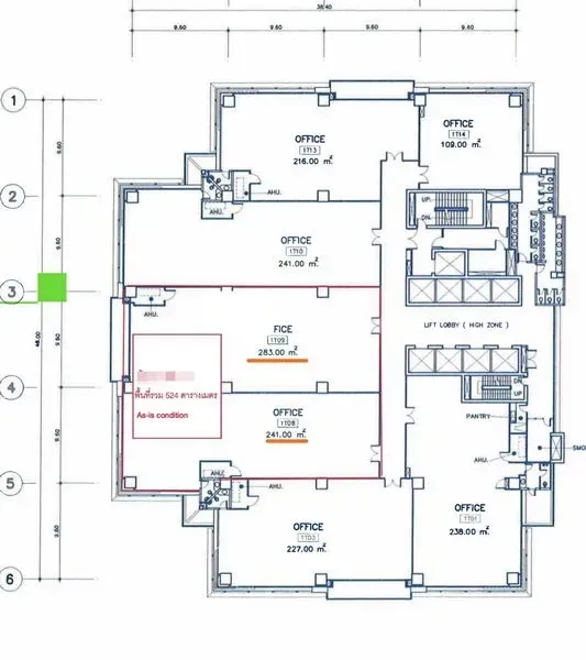 Office Space for rent in Bang Rak, Bangkok - Floor plan of a 524 sq m office showing lift lobby, multiple office zones and service core in Silom.
