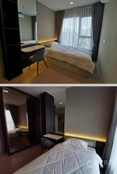 Condominium for rent in Huai Khwang, Bangkok - Bright bedroom with large window, built-in shelving, and bed with headboard lighting