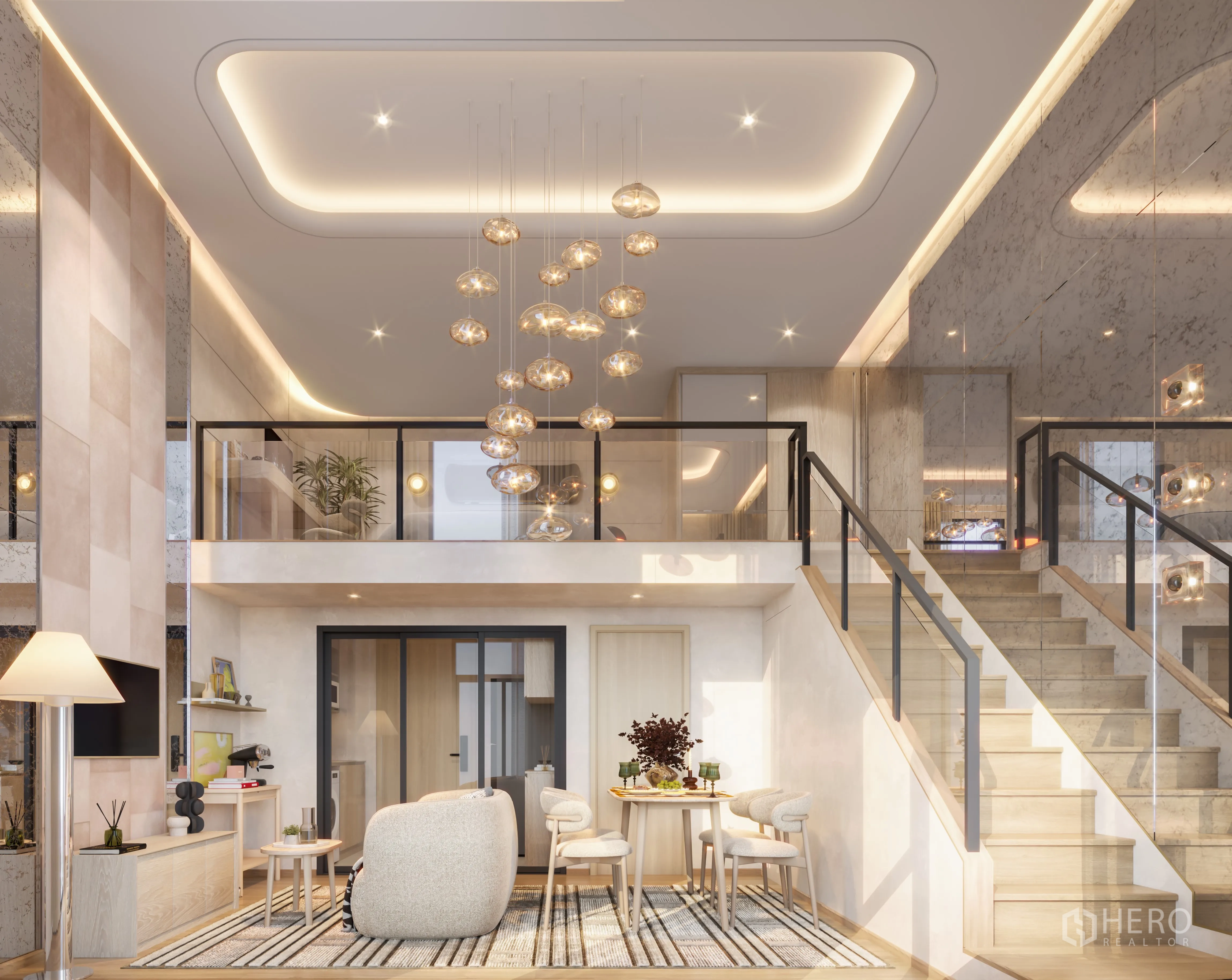 คอนโด for sale in Watthana, Bangkok - ห้องนั่งเล่นสไตล์ลอฟต์เพดานสูงสองชั้น มีชั้นลอย บันไดราวกระจก โคมไฟแขวน และมุมทานอาหารโทนไม้สว่าง