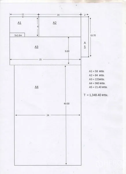 คลังสินค้า ให้เช่าในBangkok Yai, Bangkok - ผังพื้นโกดังแสดงการแบ่งโซนและขนาด พื้นที่รวมประมาณ 1,349 ตารางเมตร