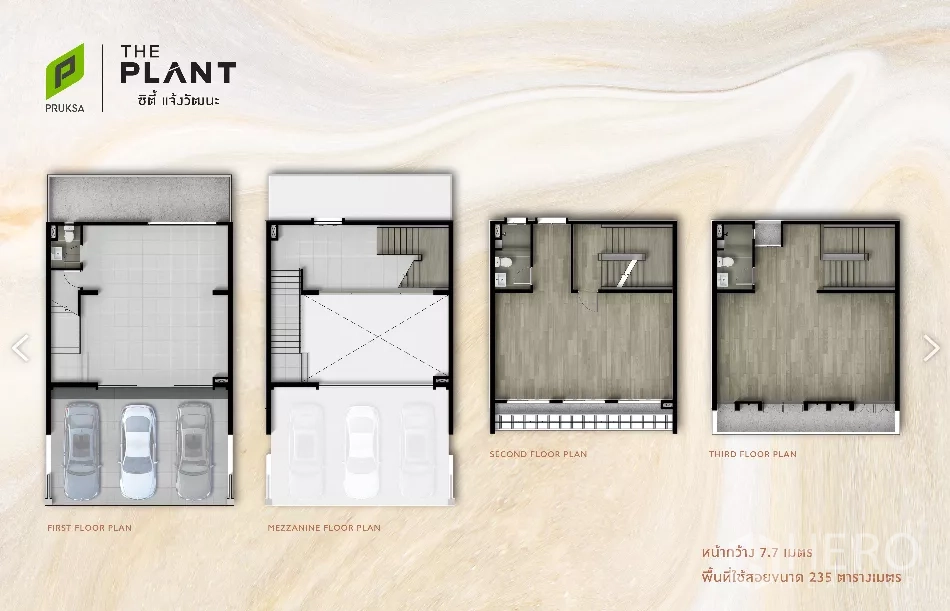 Home Office for rent in Pak Kret, Nonthaburi - Multi-level home office floor plans showing parking bay, mezzanine, second and third floors totaling about 235 sqm.