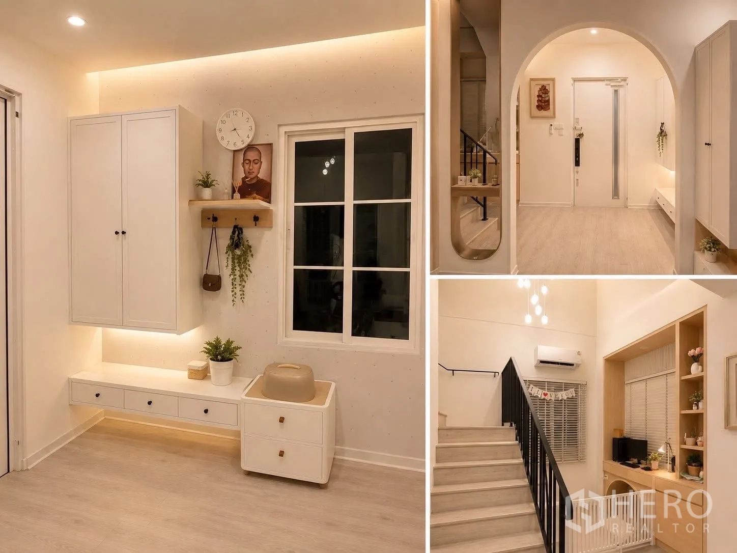 Detached House for rent or sale in Bang Phli, Samut Prakan - Collage showing entry hall, staircase, and cabinetry with soft lighting.