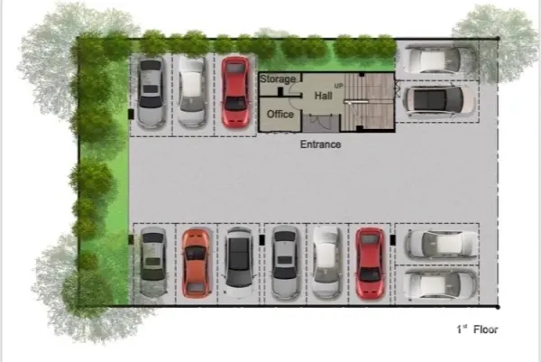 Home Office for sale in Prawet, Bangkok - First-floor plan showing a large parking layout with entrance hall, office room and storage area.