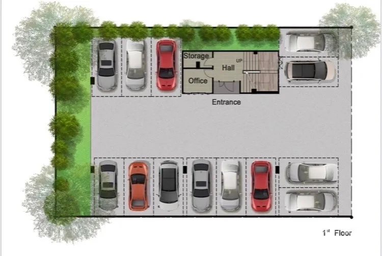 Home Office for sale in Prawet, Bangkok - First-floor plan showing a large parking layout with entrance hall, office room and storage area.