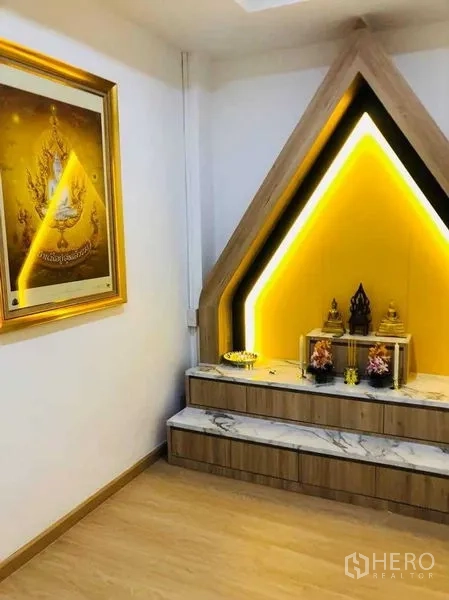 Home Office for rent or sale in Pak Kret, Nonthaburi - Prayer or meditation corner with tiered altar, marble finish and warm LED lighting.
