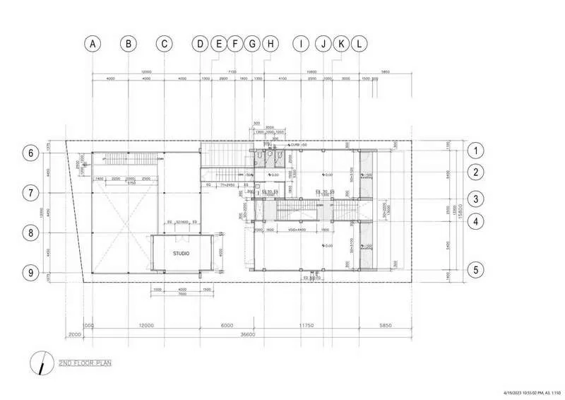 สำนักงานที่บ้าน ให้เช่าหรือขาย - แบบผังชั้น 2 ของโฮมออฟฟิศ แสดงสตูดิโอและพื้นที่ทำงาน