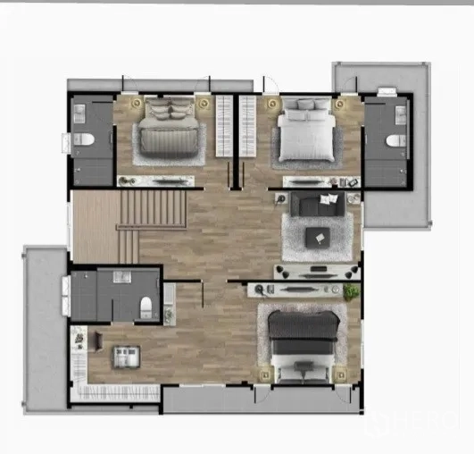 Detached House for sale in Nonthaburi - Upper-floor plan with four bedrooms, a family lounge and bathrooms.