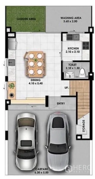 ทาวน์เฮาส์ ให้เช่าหรือขายในSuan Luang, Bangkok - แปลนชั้นล่าง แสดงที่จอดรถ 2 คัน พื้นที่รับประทานอาหาร ครัว ห้องน้ำ สวน และลานซักล้าง
