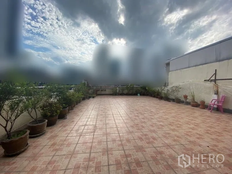 零售空间 出租 - 宽敞的瓷砖屋顶露台，摆放多盆绿植与开阔天空，适合户外展示或活动。