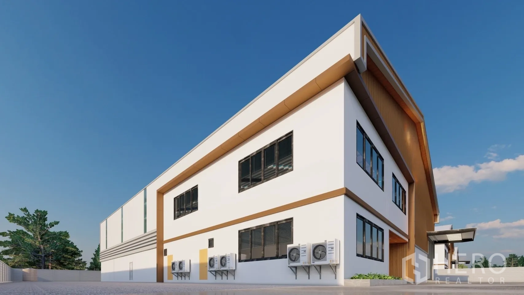 Factory for rent or sale in Lam Luk Ka, Pathum Thani - Corner perspective of office wing with multiple windows and mounted AC units.
