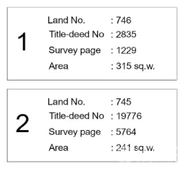 Land for sale - Close-up of title-deed summary boxes showing land numbers and plot areas for the two parcels.