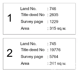 Land for sale - Close-up of title-deed summary boxes showing land numbers and plot areas for the two parcels.