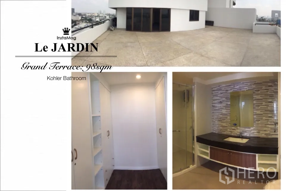 Condominium for rent or sale in Chatuchak, Bangkok - Collage showing an expansive private terrace with city views, a built-in closet area, and a modern bathroom with glass shower.